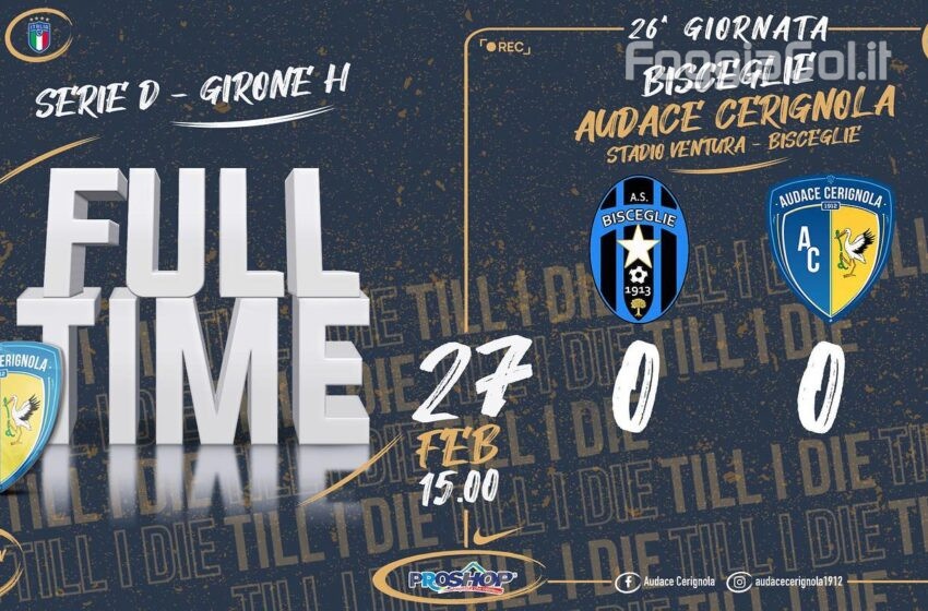  L’Audace Cerignola conquista un punto a Bisceglie e resta in vetta alla classifica grazie anche al pareggio del Bitonto sul campo del Fasano