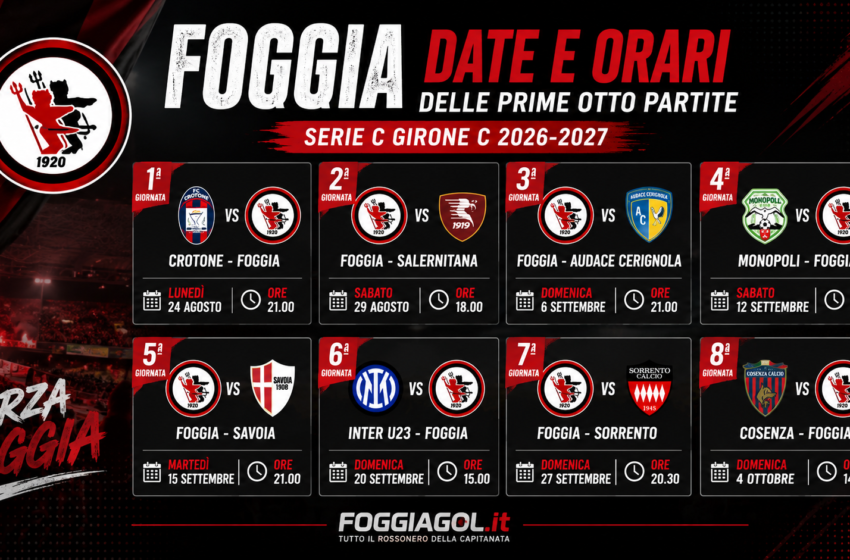  Foggia, ufficiali date e orari delle prime otto giornate: debutto a Crotone nel Monday Night